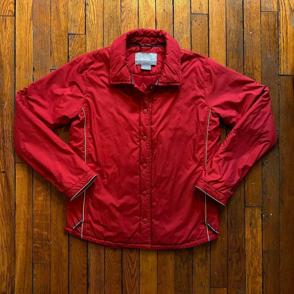 Vintage Y2K Nike 2003 Women's Red Silver Snap Button Athletic Puffer Jacket.